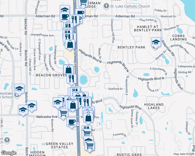 map of restaurants, bars, coffee shops, grocery stores, and more near 1751 Pine Ridge Way East in Palm Harbor