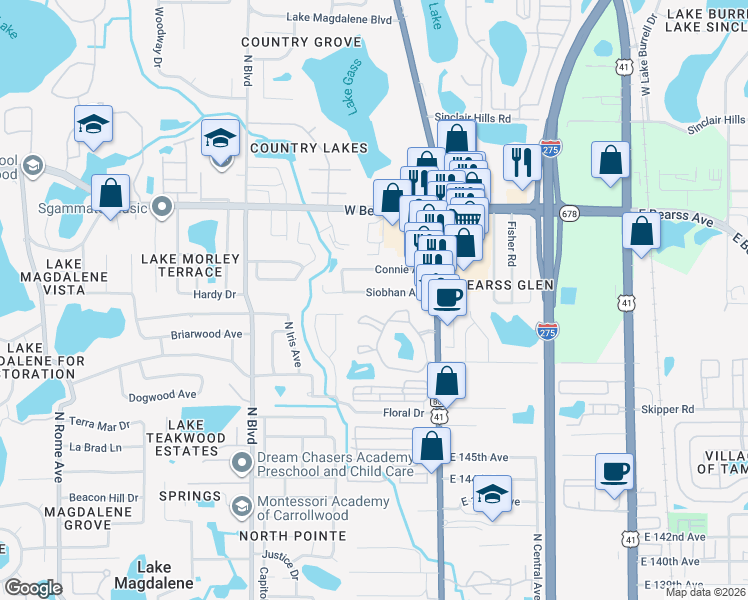 map of restaurants, bars, coffee shops, grocery stores, and more near 126 Siobhan Avenue in Tampa