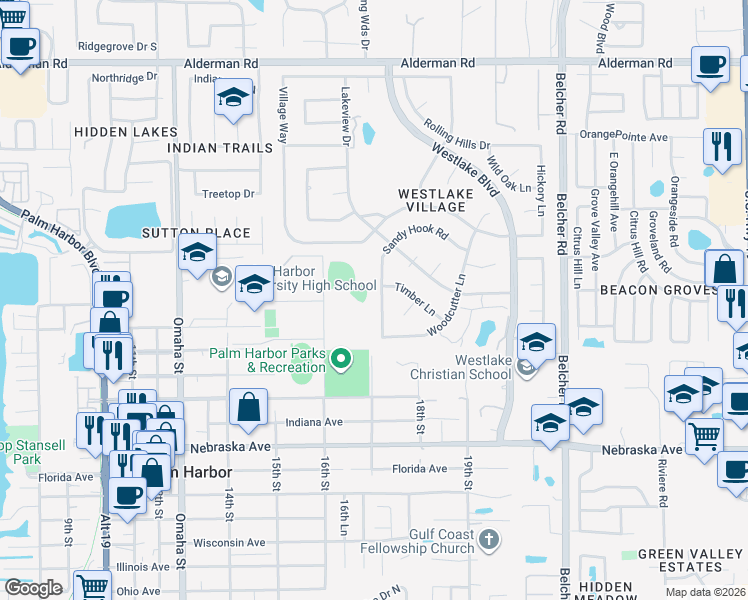 map of restaurants, bars, coffee shops, grocery stores, and more near 550 Sandy Hook Road in Palm Harbor