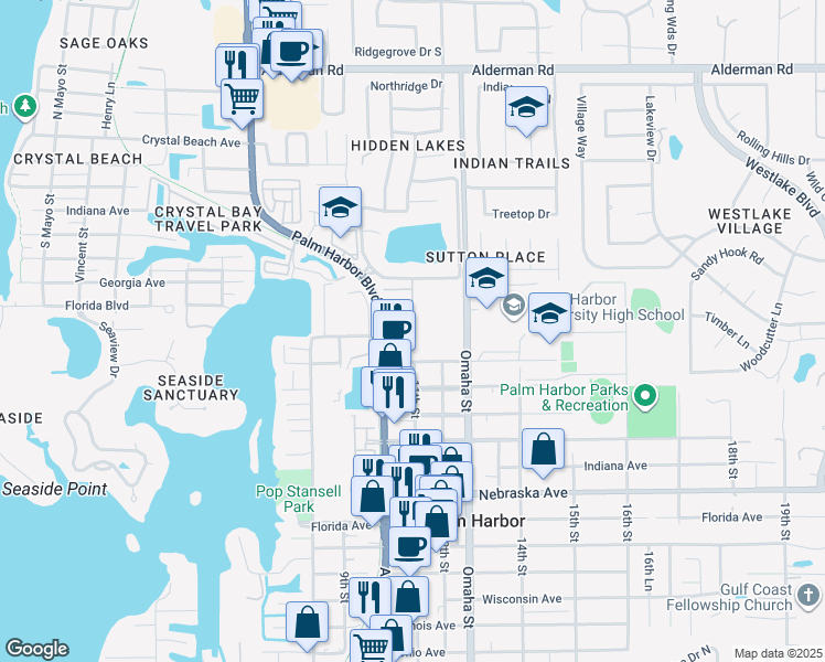 map of restaurants, bars, coffee shops, grocery stores, and more near 1801 Orange Boulevard Way in Palm Harbor