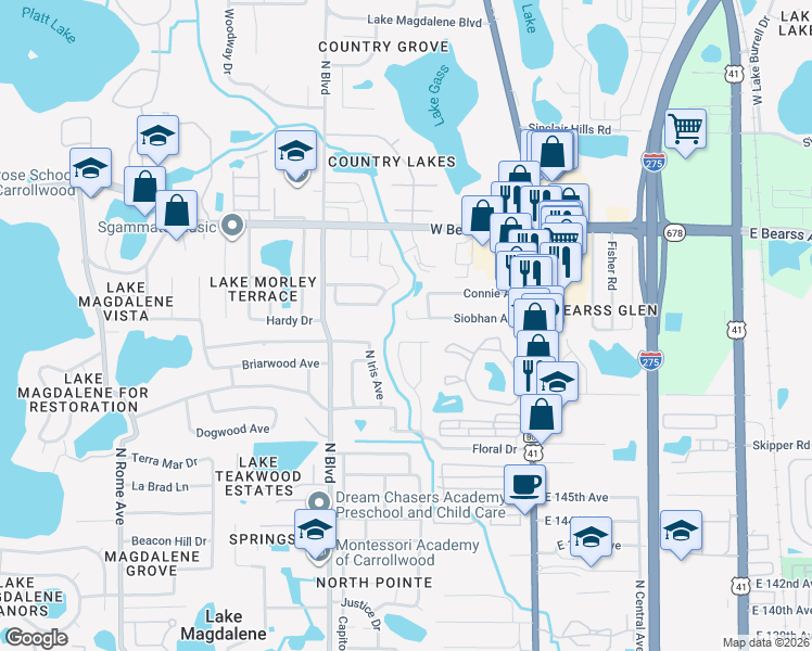 map of restaurants, bars, coffee shops, grocery stores, and more near 504 Siobhan Court in Tampa