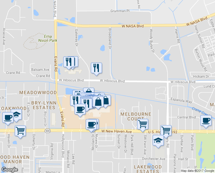 map of restaurants, bars, coffee shops, grocery stores, and more near 1755 West Hibiscus Boulevard in Melbourne