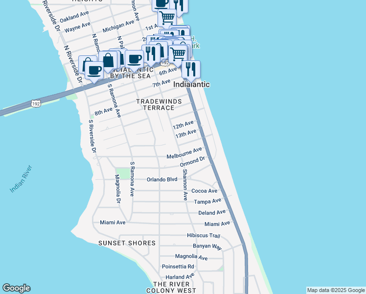 map of restaurants, bars, coffee shops, grocery stores, and more near 1001 Shannon Avenue in Indialantic