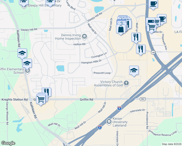 map of restaurants, bars, coffee shops, grocery stores, and more near 3651 Prescott Loop in Lakeland