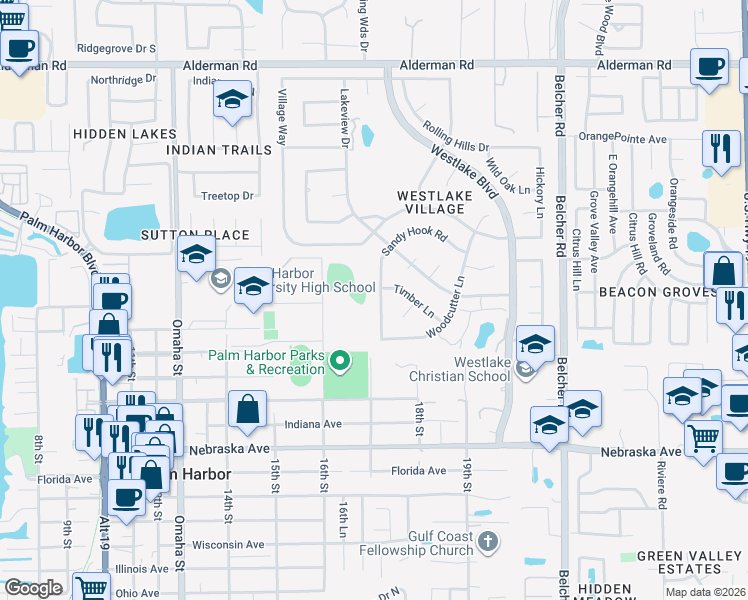 map of restaurants, bars, coffee shops, grocery stores, and more near 565 Sandy Hook Road in Palm Harbor