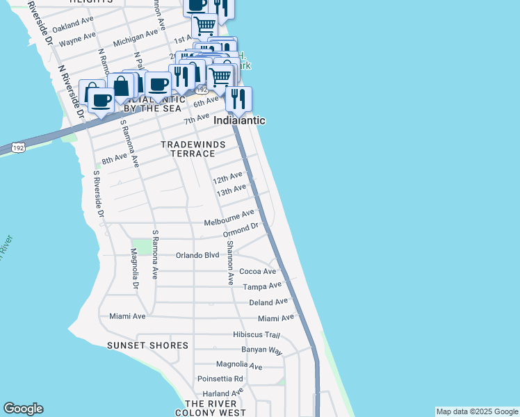map of restaurants, bars, coffee shops, grocery stores, and more near 16 Melbourne Avenue in Indialantic
