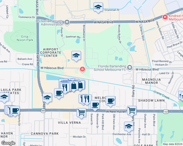 map of restaurants, bars, coffee shops, grocery stores, and more near 1115 West Hibiscus Boulevard in Melbourne