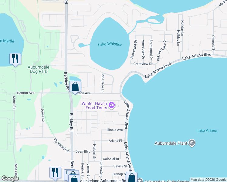map of restaurants, bars, coffee shops, grocery stores, and more near 102 Lakeview Drive in Auburndale