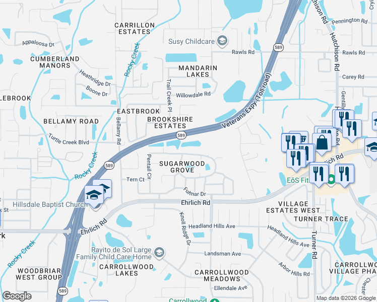 map of restaurants, bars, coffee shops, grocery stores, and more near 5503 Pentail Circle in Tampa