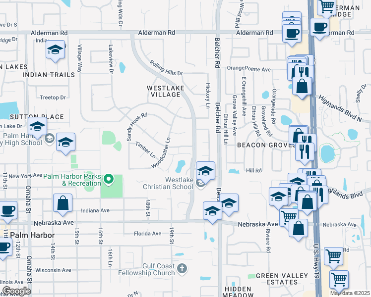 map of restaurants, bars, coffee shops, grocery stores, and more near 13 Lakeview Drive in Palm Harbor