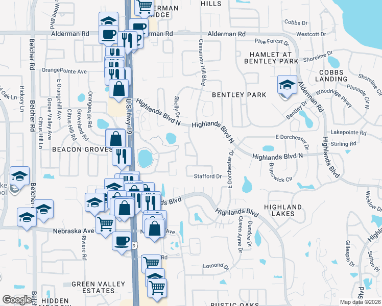 map of restaurants, bars, coffee shops, grocery stores, and more near 1303 Woodstock Drive in Palm Harbor