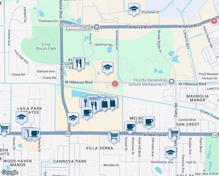 map of restaurants, bars, coffee shops, grocery stores, and more near 1765 West Hibiscus Boulevard in Melbourne