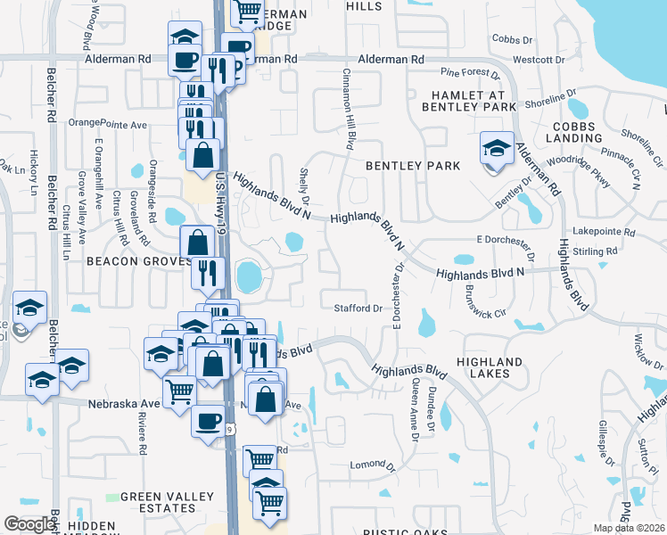 map of restaurants, bars, coffee shops, grocery stores, and more near 1303 Woodstock Drive in Palm Harbor