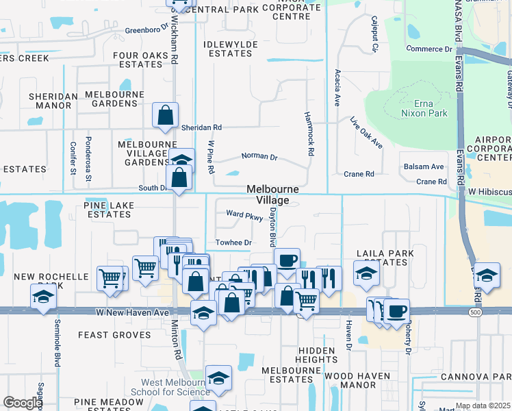 map of restaurants, bars, coffee shops, grocery stores, and more near 6587 Canal Road in Melbourne