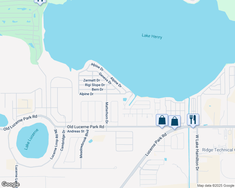 map of restaurants, bars, coffee shops, grocery stores, and more near Alpine Drive in Winter Haven