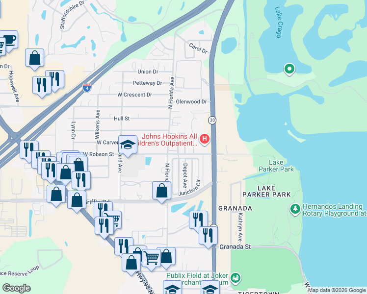 map of restaurants, bars, coffee shops, grocery stores, and more near 3121 Junction Circle in Lakeland