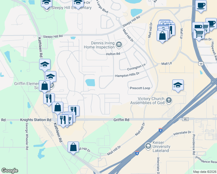map of restaurants, bars, coffee shops, grocery stores, and more near 3660 Madbury Circle in Lakeland