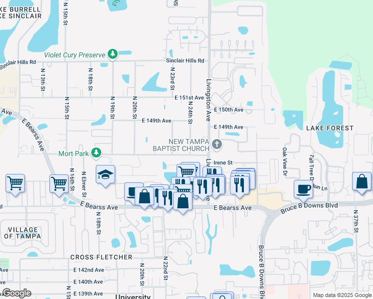 map of restaurants, bars, coffee shops, grocery stores, and more near 2306 East 148th Avenue in Lutz