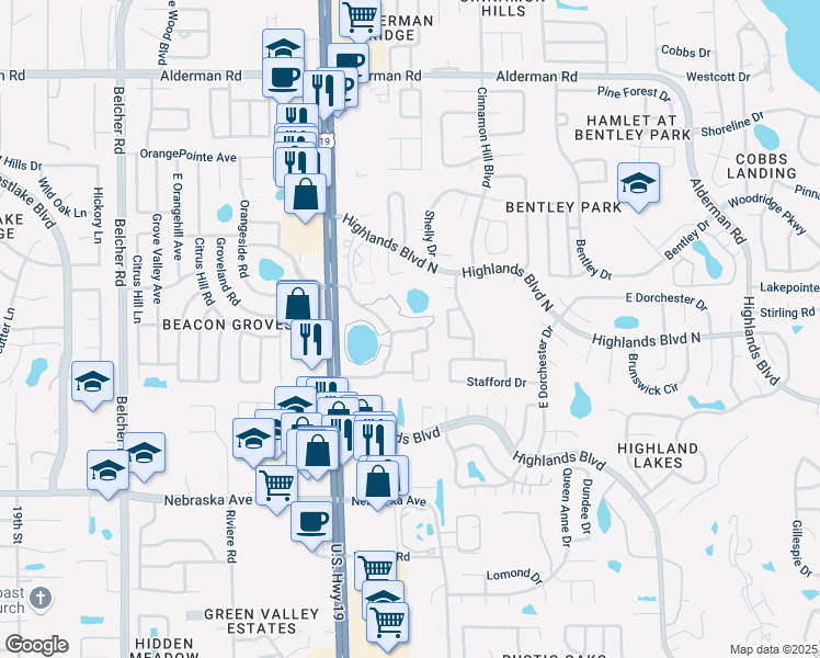 map of restaurants, bars, coffee shops, grocery stores, and more near 1750 Pine Ridge Way West in Palm Harbor