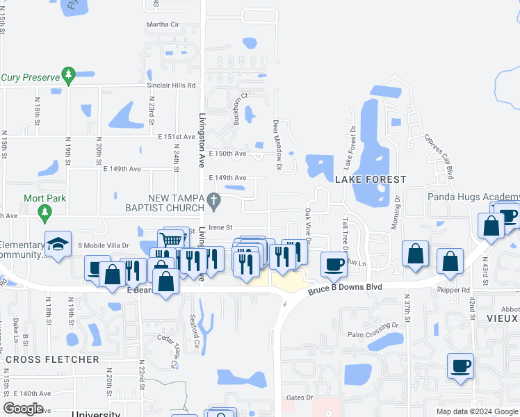 map of restaurants, bars, coffee shops, grocery stores, and more near 2932 East 148th Avenue in Lutz