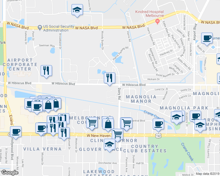 map of restaurants, bars, coffee shops, grocery stores, and more near 1103 West Hibiscus Boulevard in Melbourne