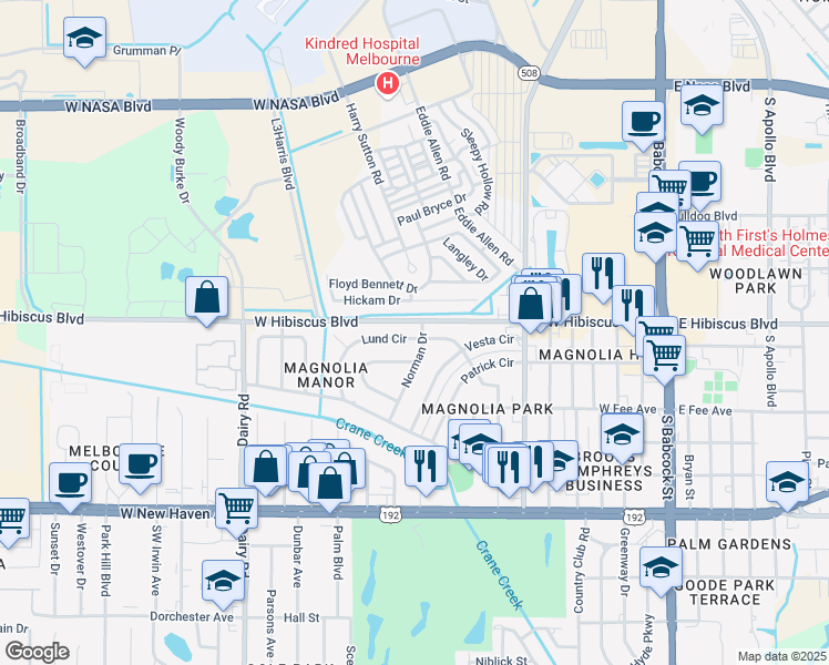 map of restaurants, bars, coffee shops, grocery stores, and more near 700 Lund Circle in Melbourne