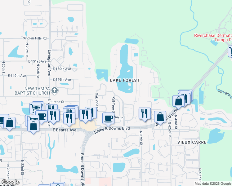 map of restaurants, bars, coffee shops, grocery stores, and more near 14730 Tall Tree Drive in Lutz