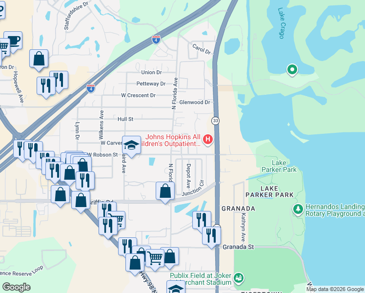 map of restaurants, bars, coffee shops, grocery stores, and more near 11 Juanita Pearl Street in Lakeland