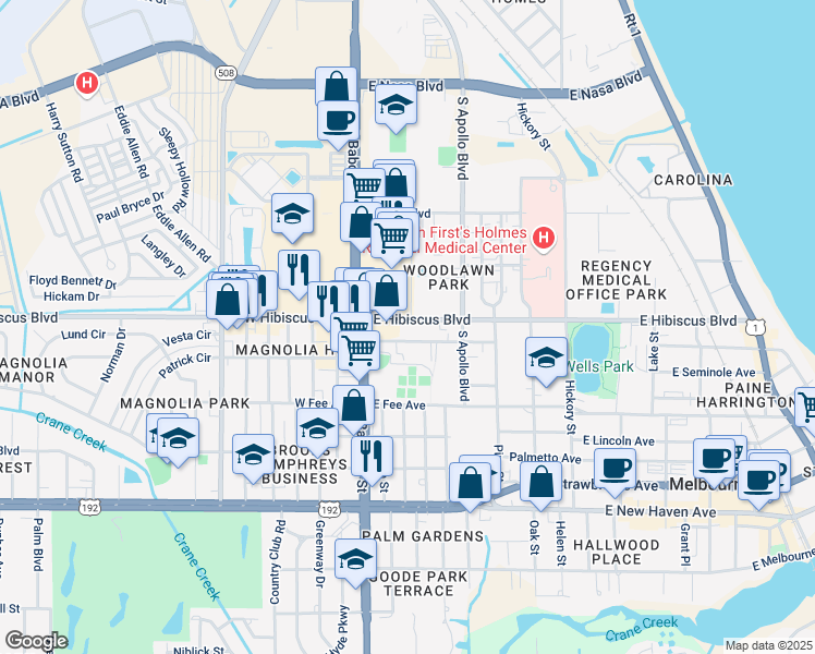map of restaurants, bars, coffee shops, grocery stores, and more near 24 Silver Palm Avenue in Melbourne
