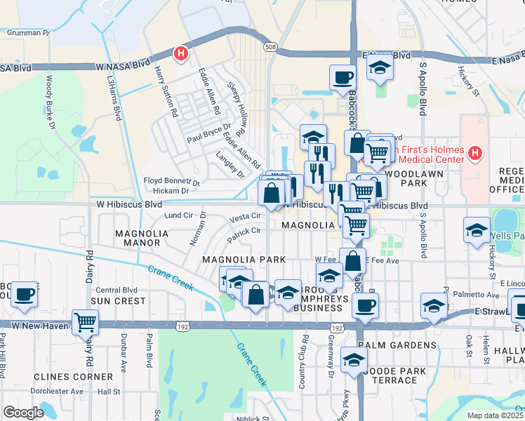 map of restaurants, bars, coffee shops, grocery stores, and more near 309 Vesta Circle in Melbourne