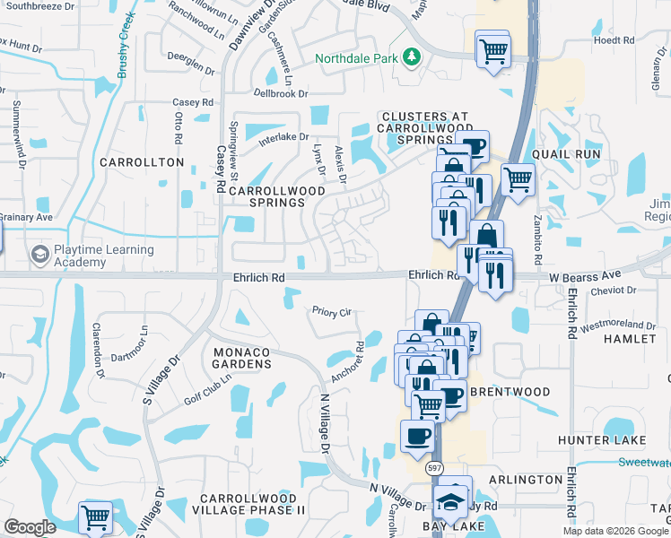map of restaurants, bars, coffee shops, grocery stores, and more near 4008 Sand Palm Court in Tampa