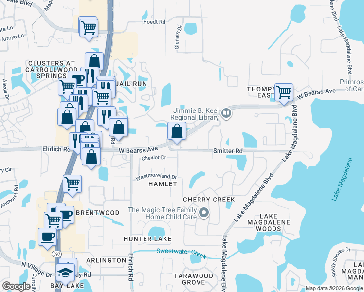 map of restaurants, bars, coffee shops, grocery stores, and more near 3138 Smitter Road in Tampa