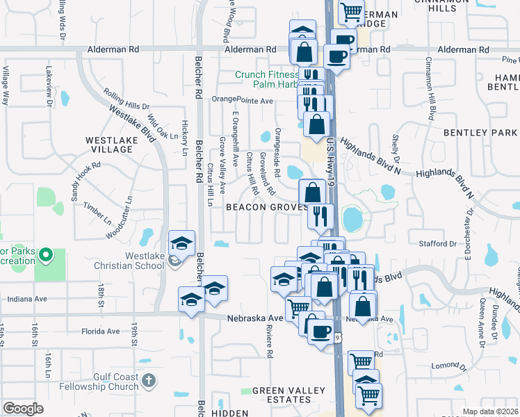 map of restaurants, bars, coffee shops, grocery stores, and more near 1737 East Groveleaf Avenue in Palm Harbor
