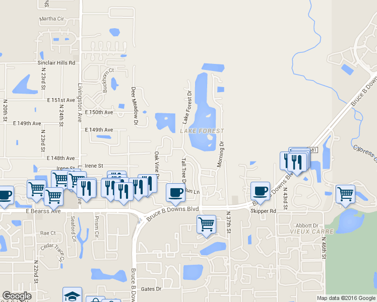 map of restaurants, bars, coffee shops, grocery stores, and more near 14805 Lake Forest Drive in Lutz