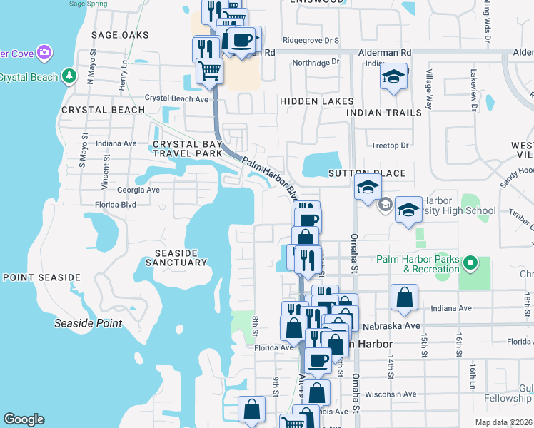 map of restaurants, bars, coffee shops, grocery stores, and more near 1820 Sutherland Drive in Palm Harbor