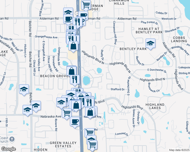 map of restaurants, bars, coffee shops, grocery stores, and more near 2655 Pine Ridge Way North in Palm Harbor
