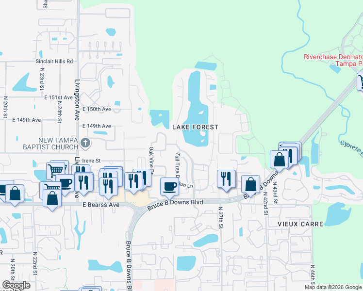 map of restaurants, bars, coffee shops, grocery stores, and more near 14805 Lake Forest Drive in Lutz