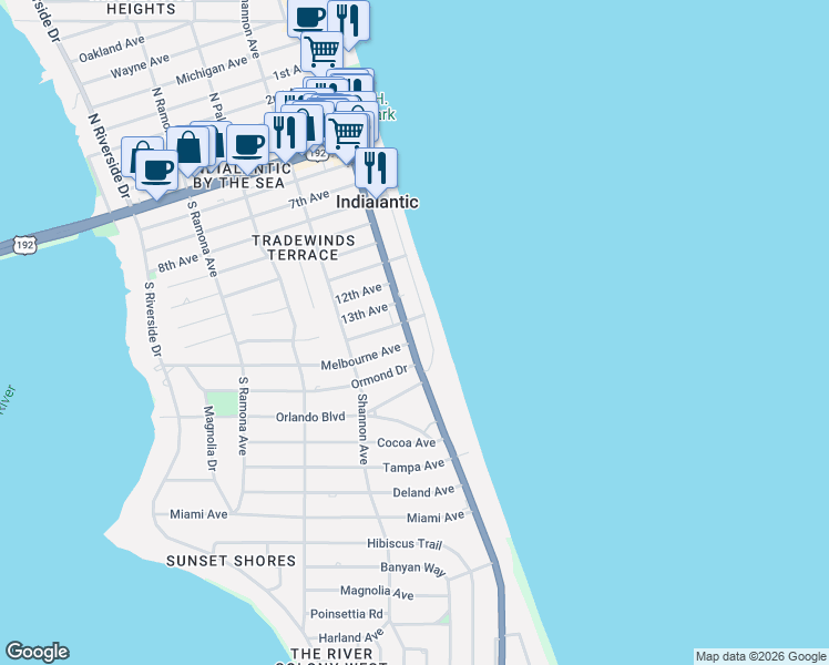 map of restaurants, bars, coffee shops, grocery stores, and more near 1011 South Miramar Avenue in Indialantic