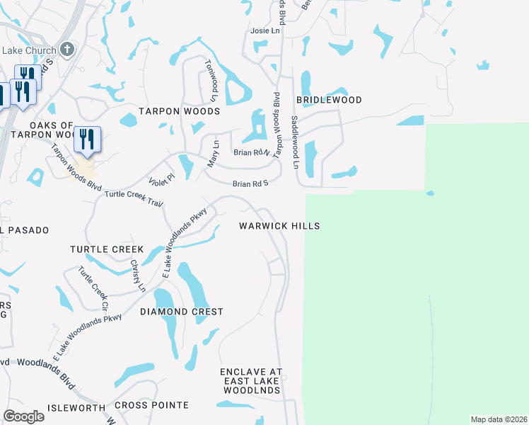map of restaurants, bars, coffee shops, grocery stores, and more near 2328 Warwick Drive in Oldsmar