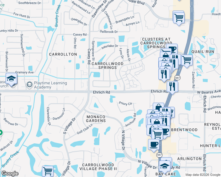 map of restaurants, bars, coffee shops, grocery stores, and more near 4161 Rolling Springs Drive in Tampa