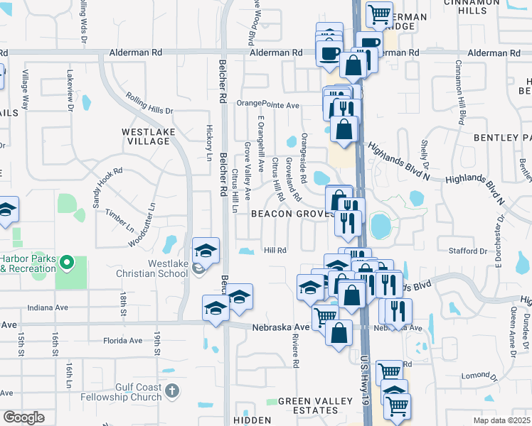 map of restaurants, bars, coffee shops, grocery stores, and more near 1739 West Grove Leaf Avenue in Palm Harbor