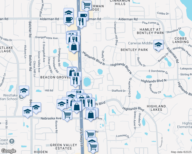 map of restaurants, bars, coffee shops, grocery stores, and more near 1750 Pine Ridge Way West in Palm Harbor