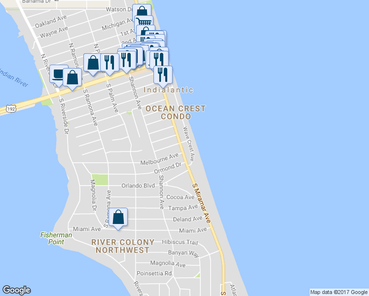 map of restaurants, bars, coffee shops, grocery stores, and more near 1011 South Miramar Avenue in Indialantic
