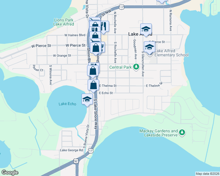 map of restaurants, bars, coffee shops, grocery stores, and more near 280 East Echo Street in Lake Alfred