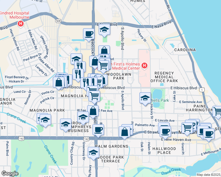 map of restaurants, bars, coffee shops, grocery stores, and more near 106 Silver Palm Avenue in Melbourne
