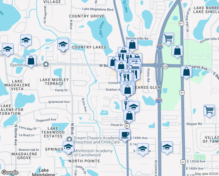 map of restaurants, bars, coffee shops, grocery stores, and more near 126 Siobhan Avenue in Tampa