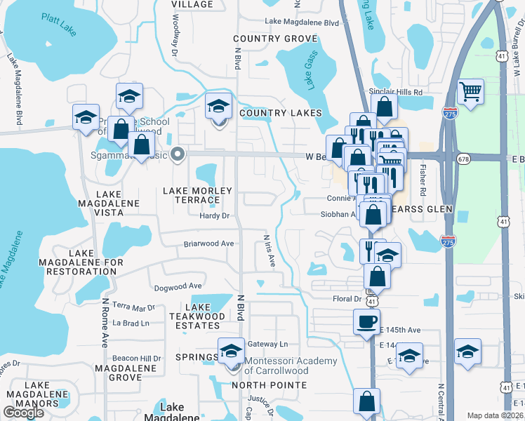 map of restaurants, bars, coffee shops, grocery stores, and more near 14825 North Iris Avenue in Tampa