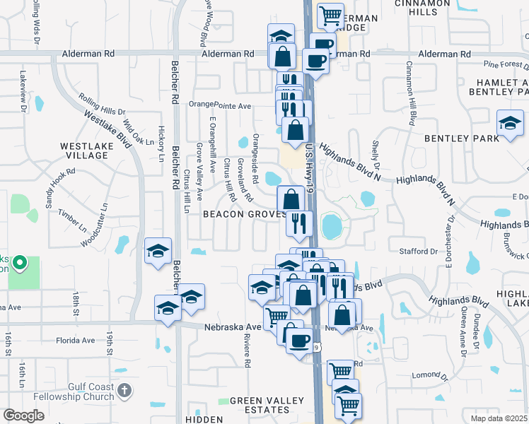 map of restaurants, bars, coffee shops, grocery stores, and more near 1607 West Orangecrest Avenue in Palm Harbor