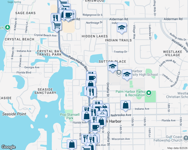 map of restaurants, bars, coffee shops, grocery stores, and more near 1785 Orange Boulevard Way in Palm Harbor
