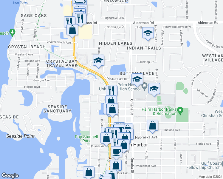 map of restaurants, bars, coffee shops, grocery stores, and more near 1785 Orange Boulevard Way in Palm Harbor